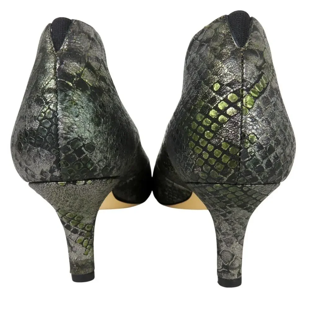 Amalfi by Rangoni Silver Metallic Snake Print Open Toe Heels Pumps Booties 8.5